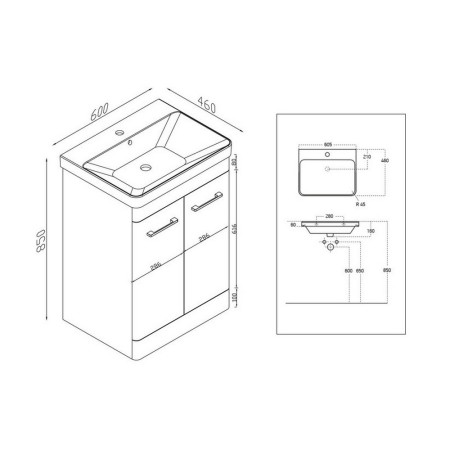 ROSSINI04/DEEP600 Scudo Rossini Floorstanding 600mm Vanity Unit & Basin in Gloss Pebble Grey Line Drawing