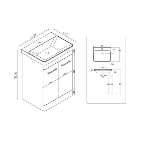 ROSSINI06/DEEP600 Scudo Rossini Floorstanding 600mm Vanity Unit & Basin in Gloss Wolf Grey Line Drawing