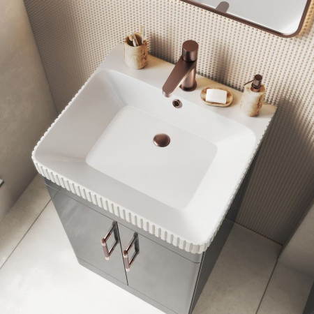 ROSSINI06/DEEP600 Scudo Rossini Floorstanding 600mm Vanity Unit & Basin in Gloss Wolf Grey with Fluted Basin
