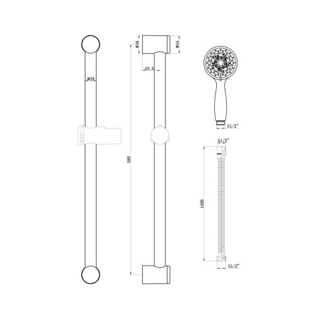 RISERKIT002 Scudo Rounded Riser Rail Kit with Multi Function Handset in Chrome Dimensions