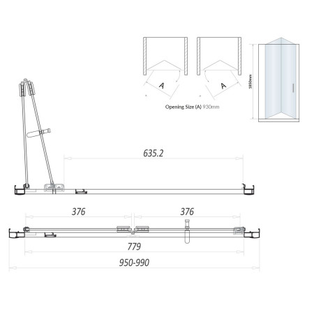 S6-GLASS030 Scudo S6 1000mm Semi Frameless Bifold Shower Door in Chrome Line Drawing