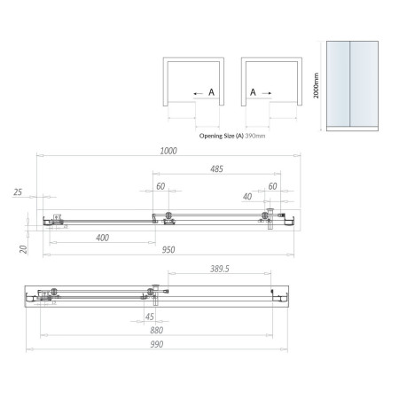 S6-BLKGLASS013 Scudo S6 1000mm Sliding Shower Door in Black Line Drawing