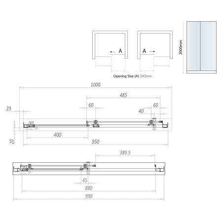 S6-BBGLASS013 Scudo S6 1000mm Sliding Shower Door in Brushed Brass Line Drawing