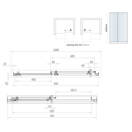 S6-GLASS013 Scudo S6 1000mm Sliding Shower Door in Chrome Line Drawing