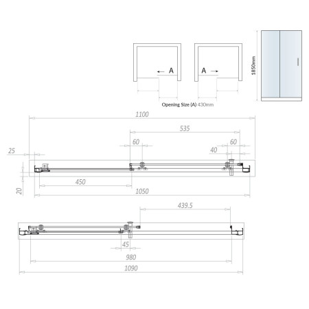 S6-GLASS014 Scudo S6 1100mm Sliding Shower Door in Chrome Line Drawing