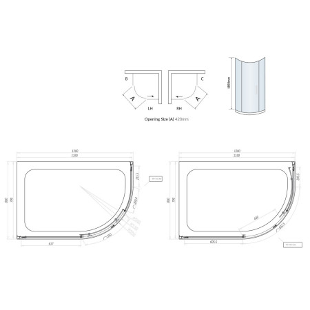 S6-GLASS011 Scudo S6 1200 x 800mm Offset Quadrant Shower Enclosure in Chrome Line Drawing