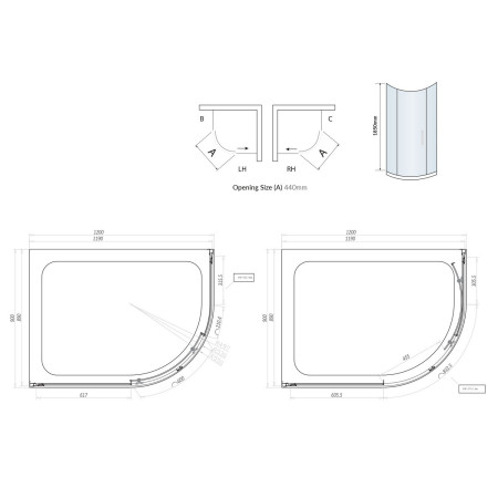 S6-GLASS012 Scudo S6 1200 x 900mm Offset Quadrant Shower Enclosure in Chrome Line Drawing