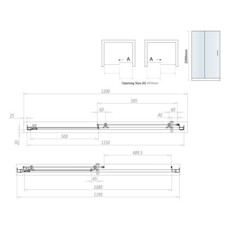 S6-BLKGLASS015 Scudo S6 1200mm Sliding Shower Door in Black Line Drawing