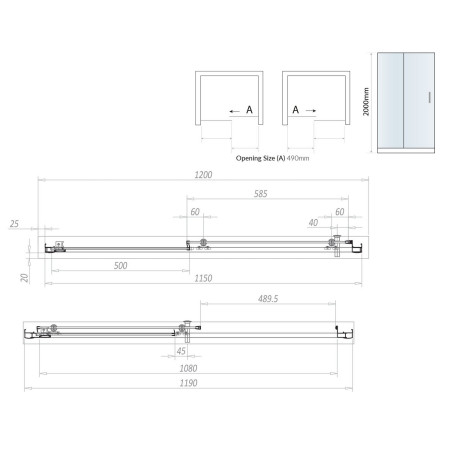 S6-BBGLASS015 Scudo S6 1200mm Sliding Shower Door in Brushed Brass Line Drawing