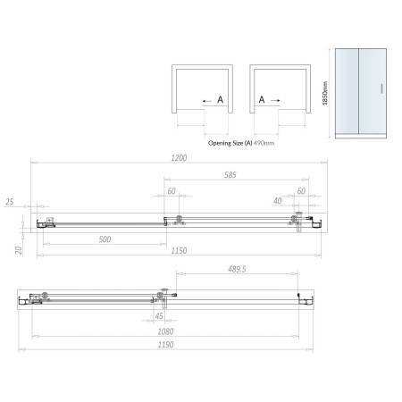 S6-GLASS015 Scudo S6 1200mm Sliding Shower Door in Chrome Line Drawing