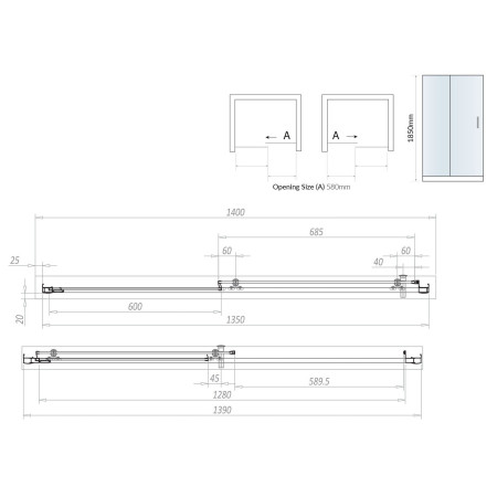 S6-GLASS016 Scudo S6 1400mm Sliding Shower Door in Chrome Line Drawing