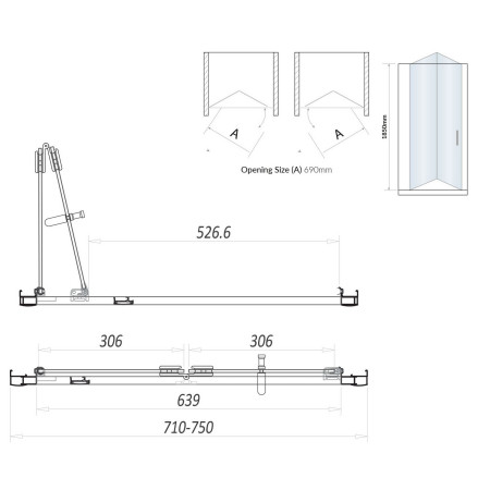S6-GLASS022 Scudo S6 760mm Semi Frameless Bifold Shower Door in Chrome Line Drawing