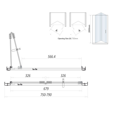 S6-BLKGLASS023 Scudo S6 800mm Bifold Semi Frameless Shower Door in Black Line Drawing