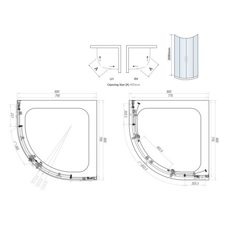 S6-BLKGLASS001 Scudo S6 800mm Double Door Quadrant Shower Enclosure in Black Line Drawing
