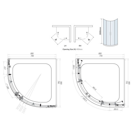 S6-BBGLASS001 Scudo S6 800mm Double Door Quadrant Shower Enclosure in Brushed Brass Line Drawing