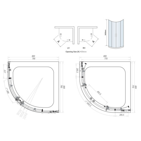 S6-GLASS001 Scudo S6 800mm Double Door Quadrant Shower Enclosure in Chrome Line Drawing