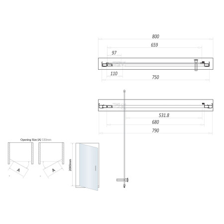 S6-BLKGLASS019 Scudo S6 800mm Pivot Shower Door in Black Line Drawing