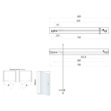 S6-BBGLASS019 Scudo S6 800mm Pivot Shower Door in Brushed Brass Line Drawing