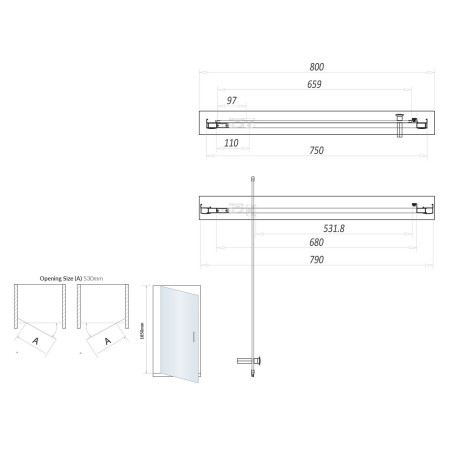 S6-GLASS019 Scudo S6 800mm Pivot Shower Door in Chrome Line Drawing
