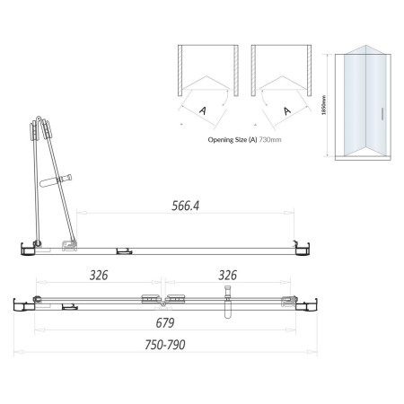 S6-GLASS023 Scudo S6 800mm Semi Frameless Bifold Shower Door in Chrome Line Drawing
