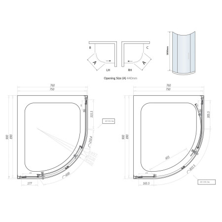 S6-GLASS009 Scudo S6 900 x 760mm Quadrant Shower Enclosure in Chrome Line Drawing