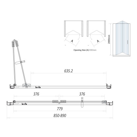 S6-BLKGLASS024 Scudo S6 900mm Bifold Semi Frameless Shower Door in Black Line Drawing