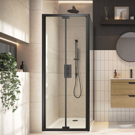 S6-BLKGLASS024 Scudo S6 900mm Bifold Semi Frameless Shower Door in Black