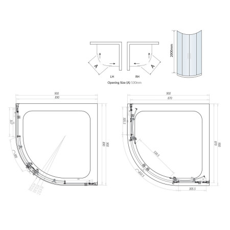 S6-BLKGLASS002 Scudo S6 900mm Double Door Quadrant Shower Enclosure in Black Line Drawing