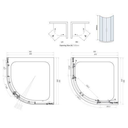 S6-GLASS002 Scudo S6 900mm Double Door Quadrant Shower Enclosure in Chrome Line Drawing