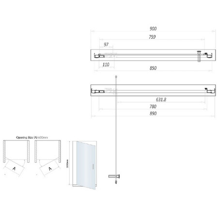 S6-BLKGLASS020 Scudo S6 900mm Pivot Shower Door in Black Line Drawing