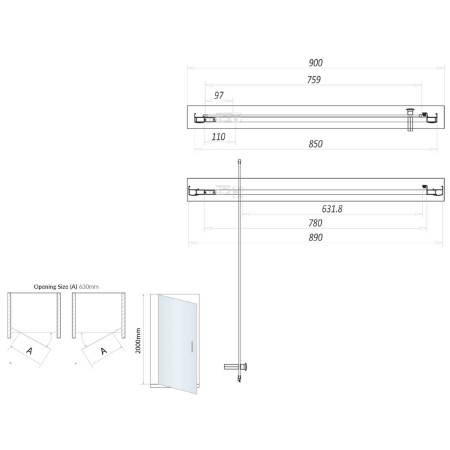 S6-BBGLASS020 Scudo S6 900mm Pivot Shower Door in Brushed Brass Line Drawing