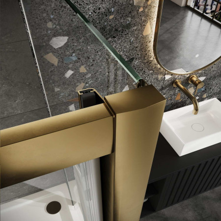 S6-BBGLASS020 Scudo S6 900mm Pivot Shower Door in Brushed Brass with Side Panel Detail