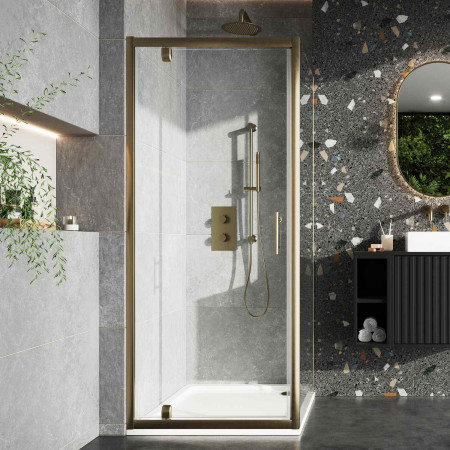 Scudo S6 900mm Pivot Shower Door in Brushed Brass