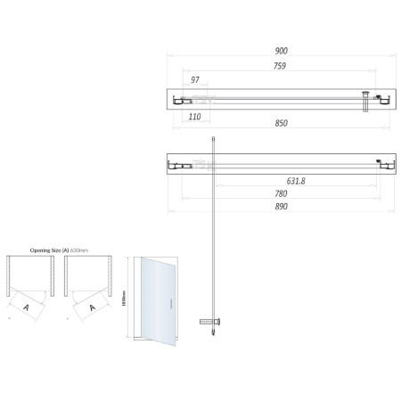 S6-GLASS020 Scudo S6 900mm Pivot Shower Door in Chrome Line Drawing