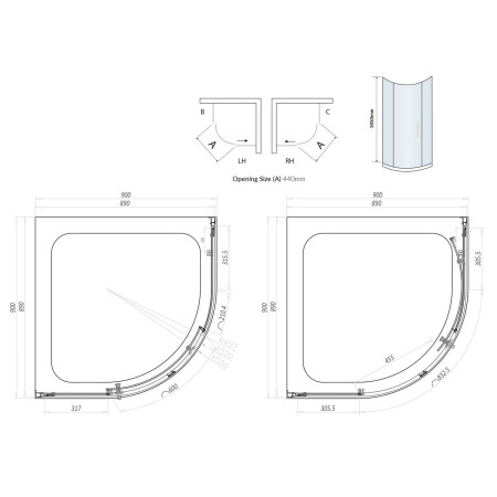 S6-GLASS008 Scudo S6 900mm Quadrant Shower Enclosure in Chrome Line Drawing