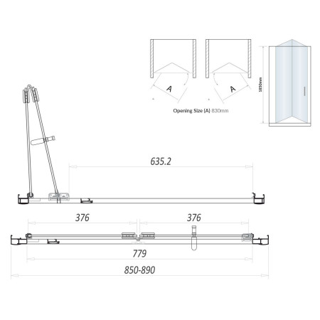 S6-GLASS024 Scudo S6 900mm Semi Frameless Bifold Shower Door in Chrome Line Drawing