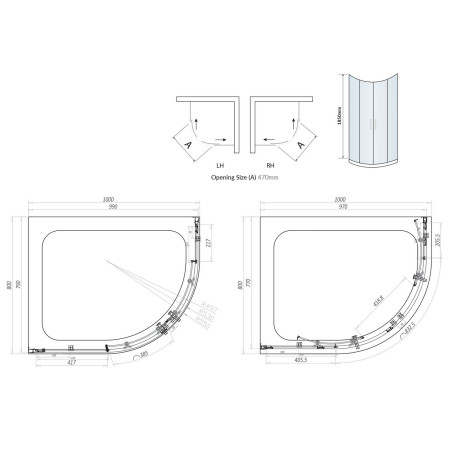 S6-GLASS004 Scudo S6 Chrome 1000 x 800mm Double Door Offset Quadrant Shower Enclosure Line Drawing