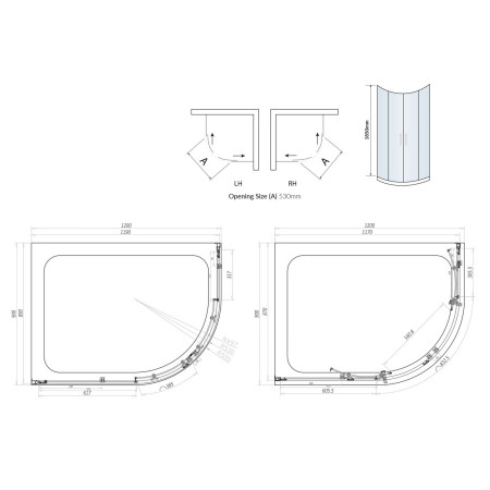 S6-GLASS006 Scudo S6 Chrome 1200 x 900mm Double Door Offset Quadrant Shower Enclosure Line Drawing