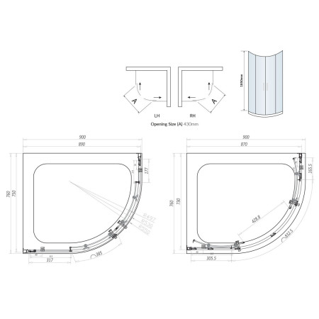 S6-GLASS003 Scudo S6 Chrome 900 x 760mm Double Door Offset Quadrant Shower Enclosure Line Drawing