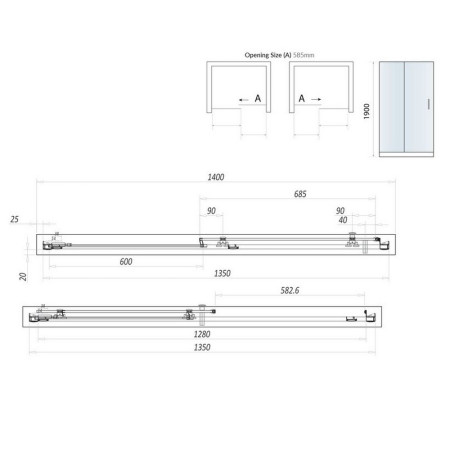 SCUD14SLID Scudo S8 1400mm Sliding Shower Door in Chrome Line Drawing