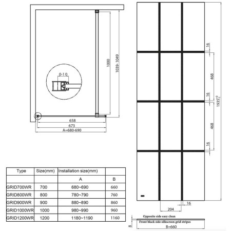 GRID1000WR Scudo S8 1000mm Single Wetroom Grid Panel in Black Line Drawing