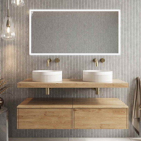 SHELPH-1200-OAK Scudo Shelph 1200mm Basin Shelf in Davos Oak with Brushed Brass Taps