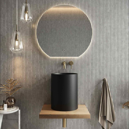 SHELPH-600-OAK Scudo Shelph 600mm Basin Shelf in Davos Oak with Optional Tall Black Shelph Basin