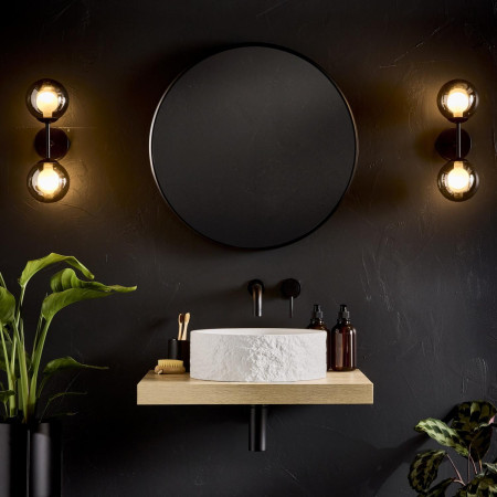 SHELPH-600-OAK Scudo Shelph 600mm Basin Shelf in Davos Oak with Black Basin Mixer