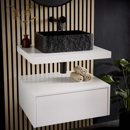 SHELPH-600-WHITE Scudo Shelph 600mm Basin Shelf in Matt White with Rok Rectangular Black Basin