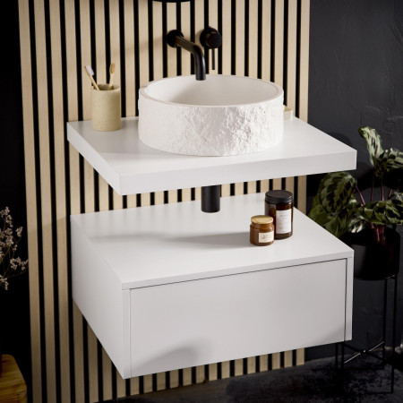 SHELPH-600-WHITE Scudo Shelph 600mm Basin Shelf in Matt White with Rok Round White Basin