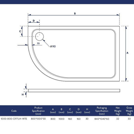 1000-800-OFFLH-WTE Scudo Shires 1000 x 800mm Offset Quadrant Left Hand Shower Tray Line