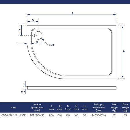 1000-800-OFFLH-WTE Scudo Shires 1000 x 800mm Offset Quadrant Left Hand Shower Tray Line