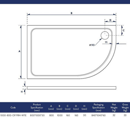 1000-800-OFFRH-WTE Scudo Shires 1000 x 800mm Offset Quadrant Right Hand Shower Tray Line