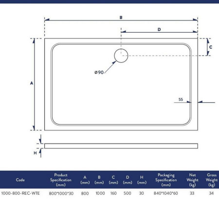 1000-800-REC-WTE Scudo Shires 1000 x 800mm Rectangular White Shower Tray Dimensions